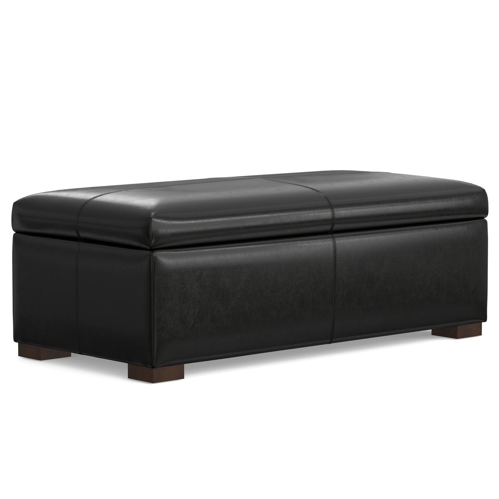 The Gabbie - Coffee Table Upholstered Storage Ottoman is a rectangular black leather piece with a cushioned top and short wooden legs, serving as a seat, footrest, or storage bench.