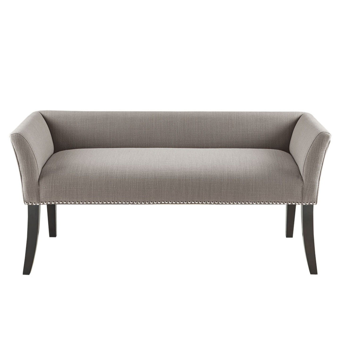The Elegant Design Bench features modern gray upholstery, a low back, curved arms, nailhead trim on the base, and four dark solid wood legs.