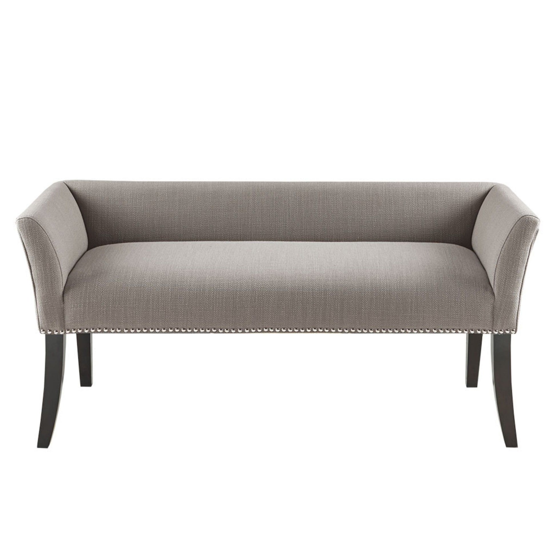 The Elegant Design Bench features modern gray upholstery, a low back, curved arms, nailhead trim on the base, and four dark solid wood legs.