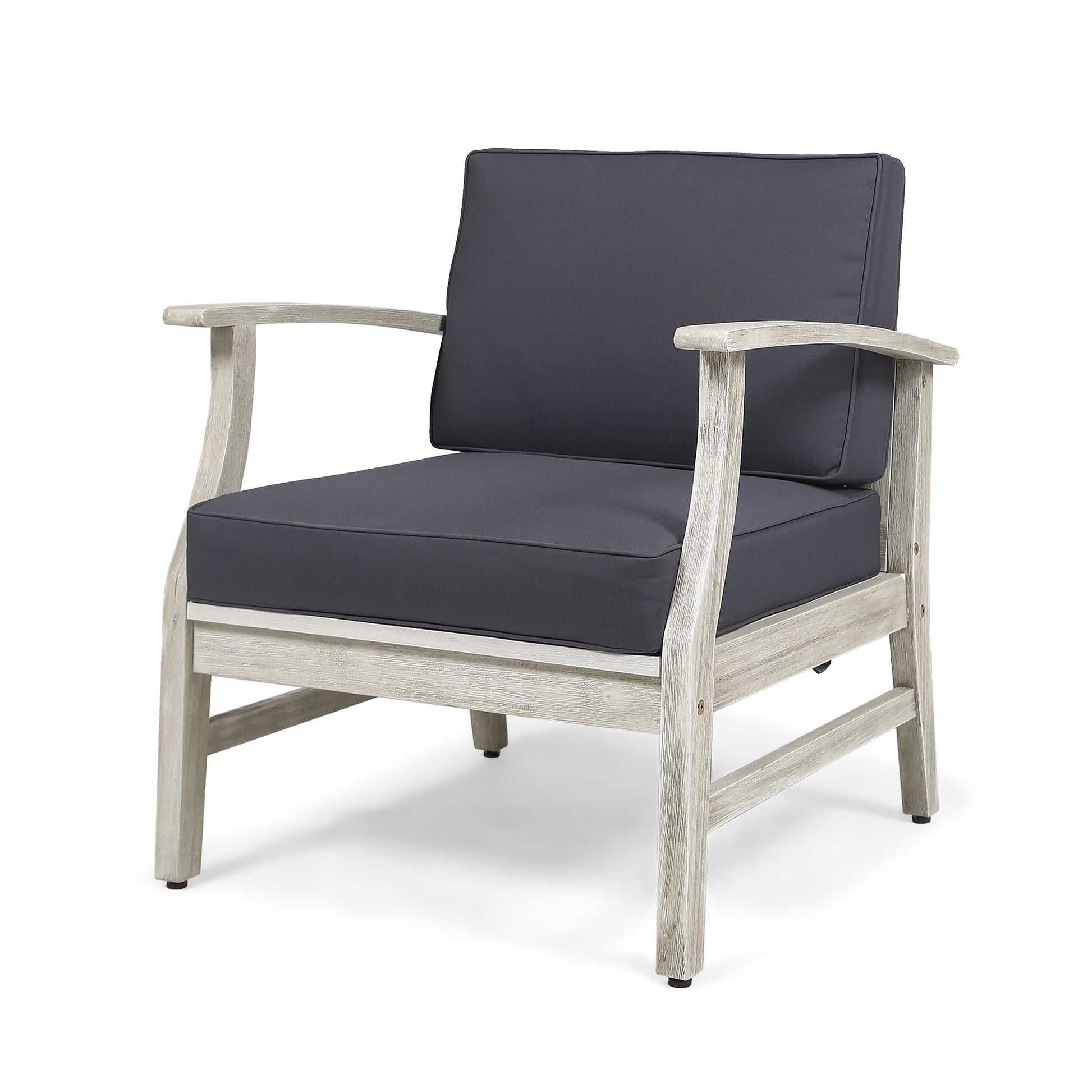 The Perla Contemporary Club Chair features a light wood frame, curved armrests, and thick dark gray water-resistant cushions. Its simple, sturdy design is ideal for both indoor and outdoor use.