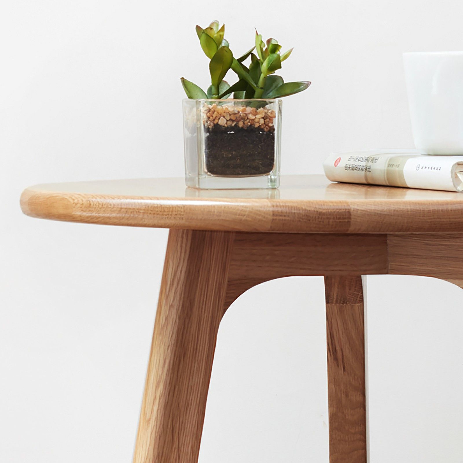 A Round Small End Table for bedroom and balcony features a small succulent in a glass pot, two stacked books, and a white bowl, all arranged neatly against a plain white background.