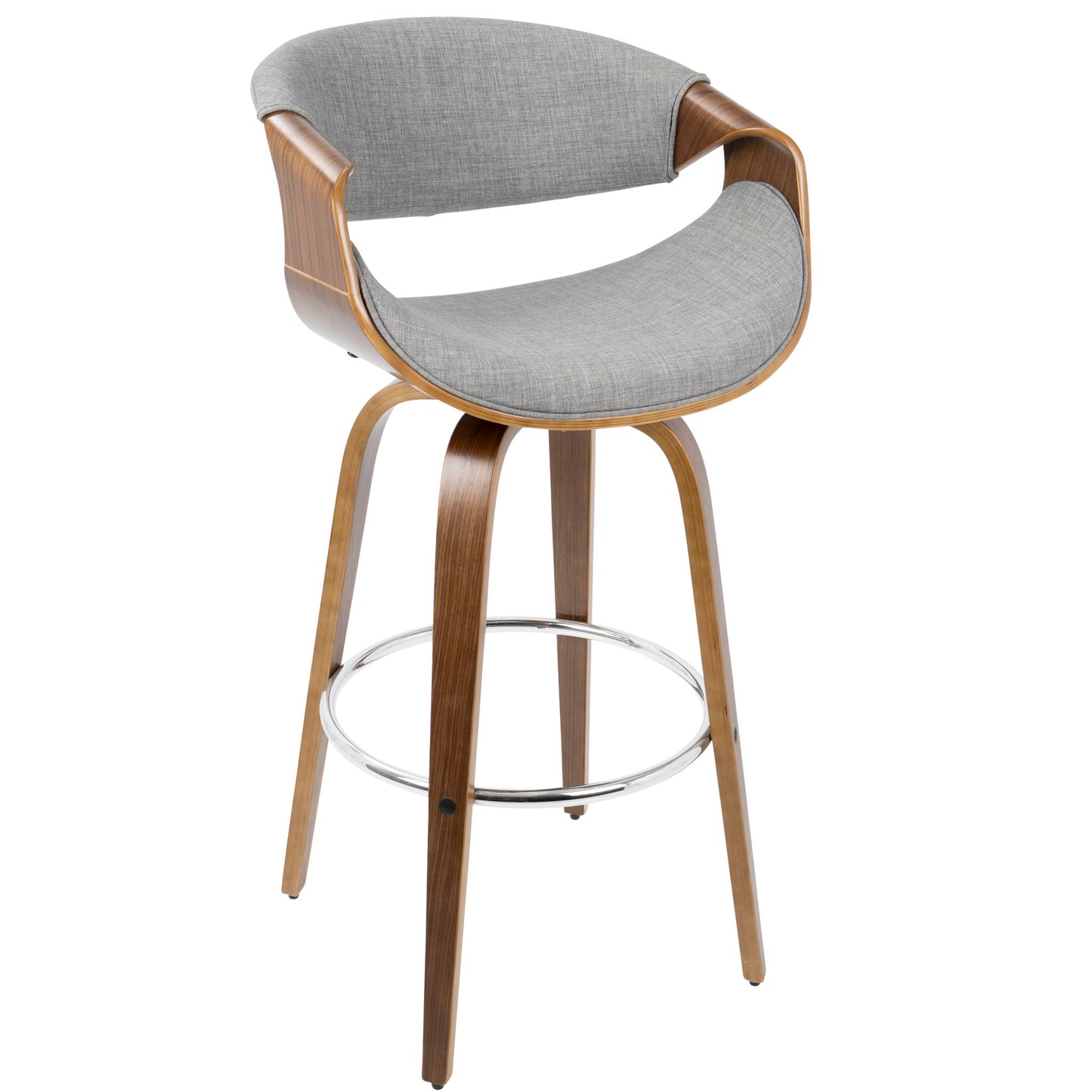 The Curvini Mid-Century Modern Fixed Height Barstool with Swivel (Set of 2) features a curved wooden frame, gray upholstered seat and backrest, four angled wooden legs, and a circular metal footrest.
