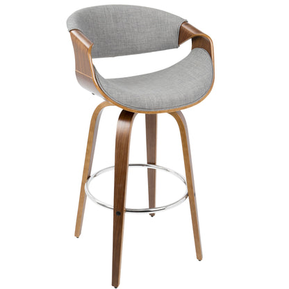The Curvini Mid-Century Modern Fixed Height Barstool with Swivel (Set of 2) features a curved wooden frame, gray upholstered seat and backrest, four angled wooden legs, and a circular metal footrest.