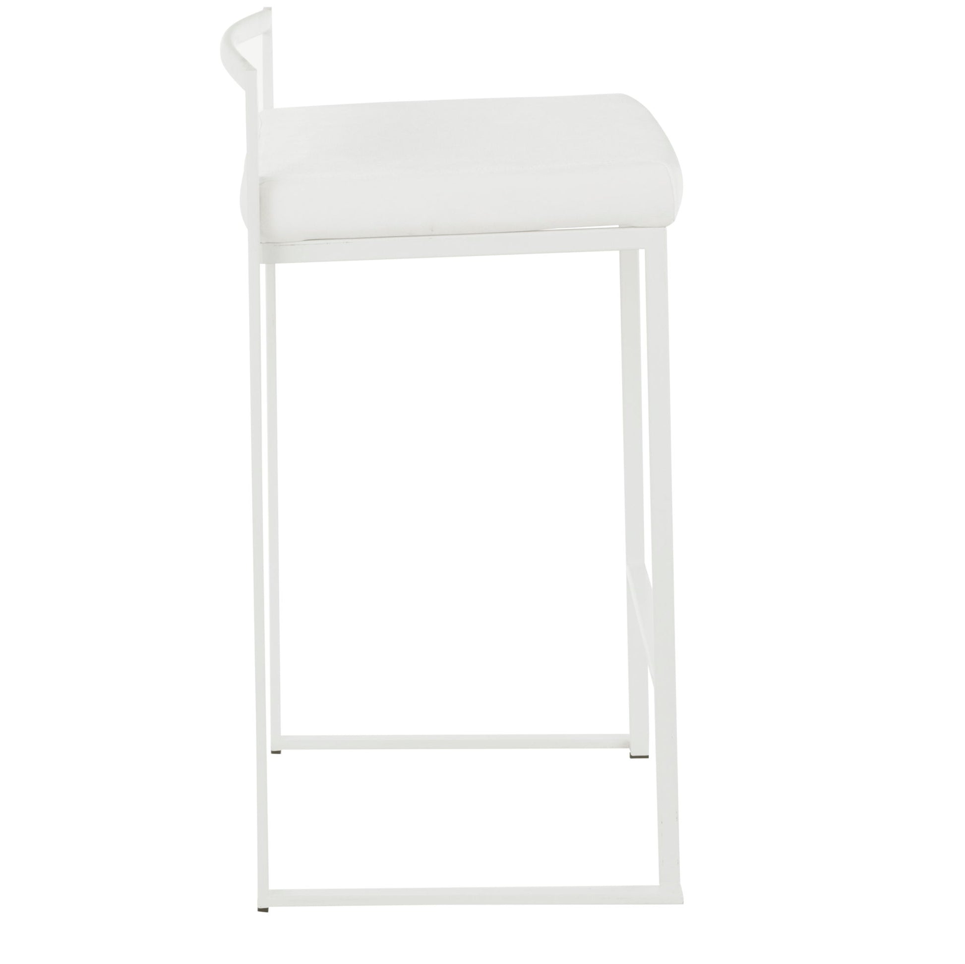 The Fuji - Simple Elegance, Contemporary Stackable Counter Stool features a modern white design with a minimalist metal frame and square cushioned seat, shown in profile against a white background.