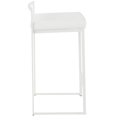The Fuji - Simple Elegance, Contemporary Stackable Counter Stool features a modern white design with a minimalist metal frame and square cushioned seat, shown in profile against a white background.