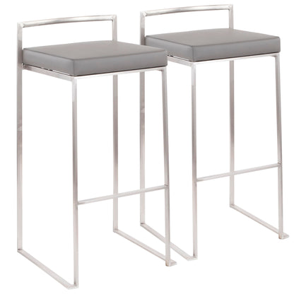 The Fuji Stackable Barstools feature a contemporary, elegant design with silver metal frames, rectangular grey cushioned seats, straight legs, and low open backrests for a minimalist look.
