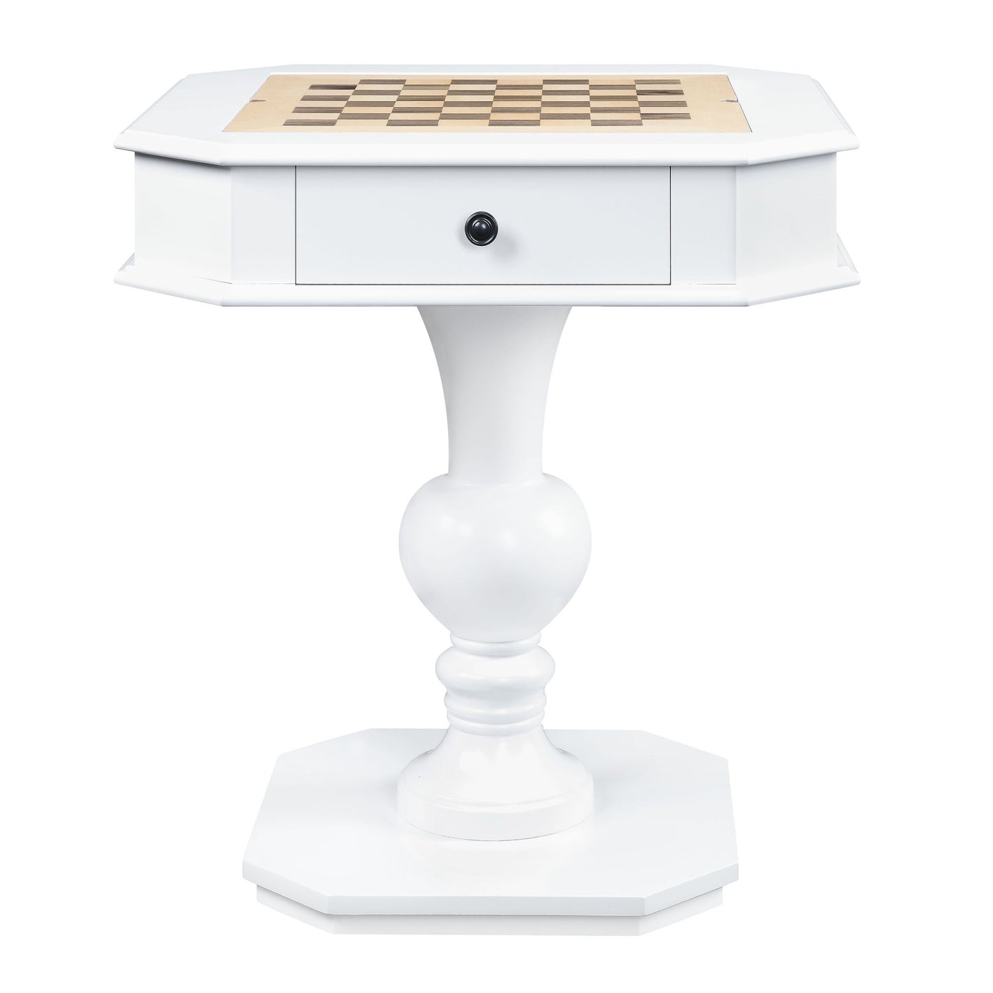 The Galini - Game Table is a white, octagonal pedestal table featuring a chessboard top, a central drawer, and a sturdy decorative base.
