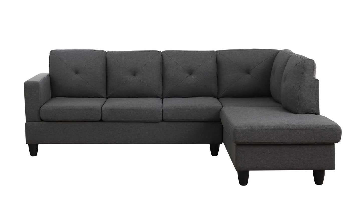 The Santiago Linen Sectional Sofa with right facing chaise features a modern dark gray L-shaped design, tufted back cushions, and short black legs, shown against a white background.