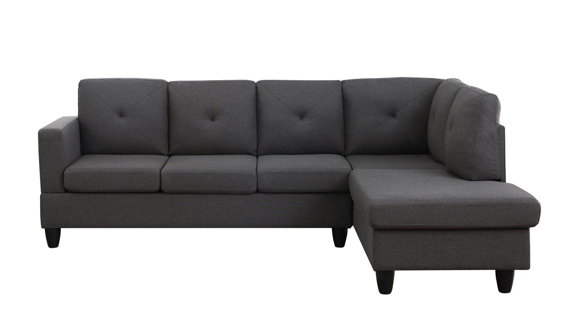The Santiago Linen Sectional Sofa with right facing chaise features a modern dark gray L-shaped design, tufted back cushions, and short black legs, shown against a white background.