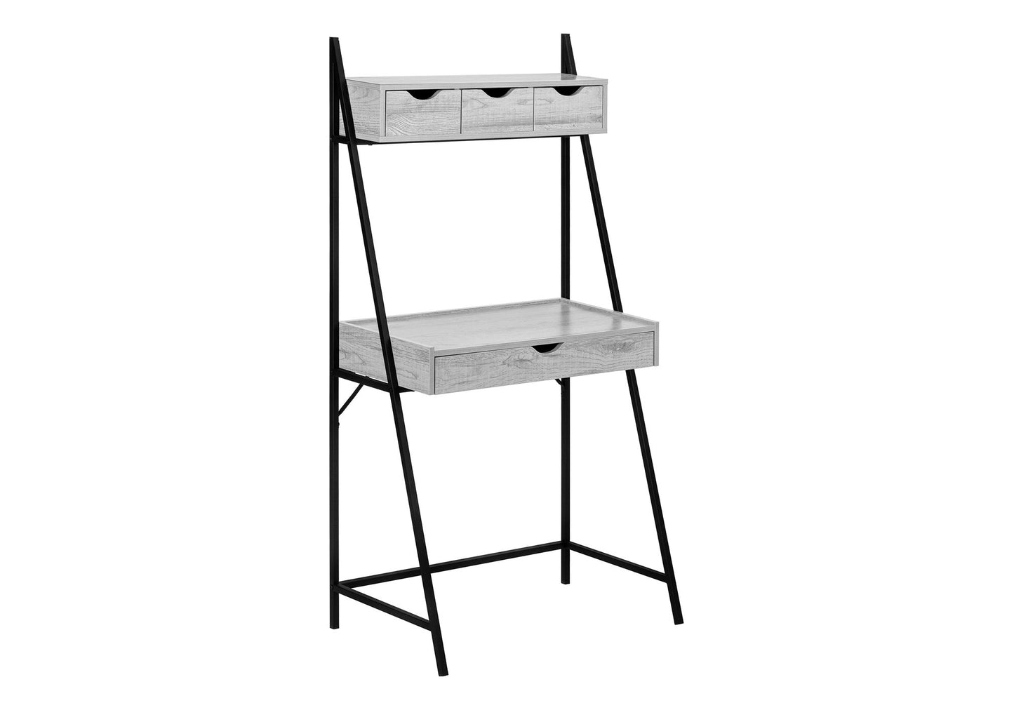 The Computer Desk For Home Office features black metal legs, a spacious light gray wood tabletop with a drawer, plus an upper shelf with three small drawers for storage—a contemporary and modern solution for laptops.