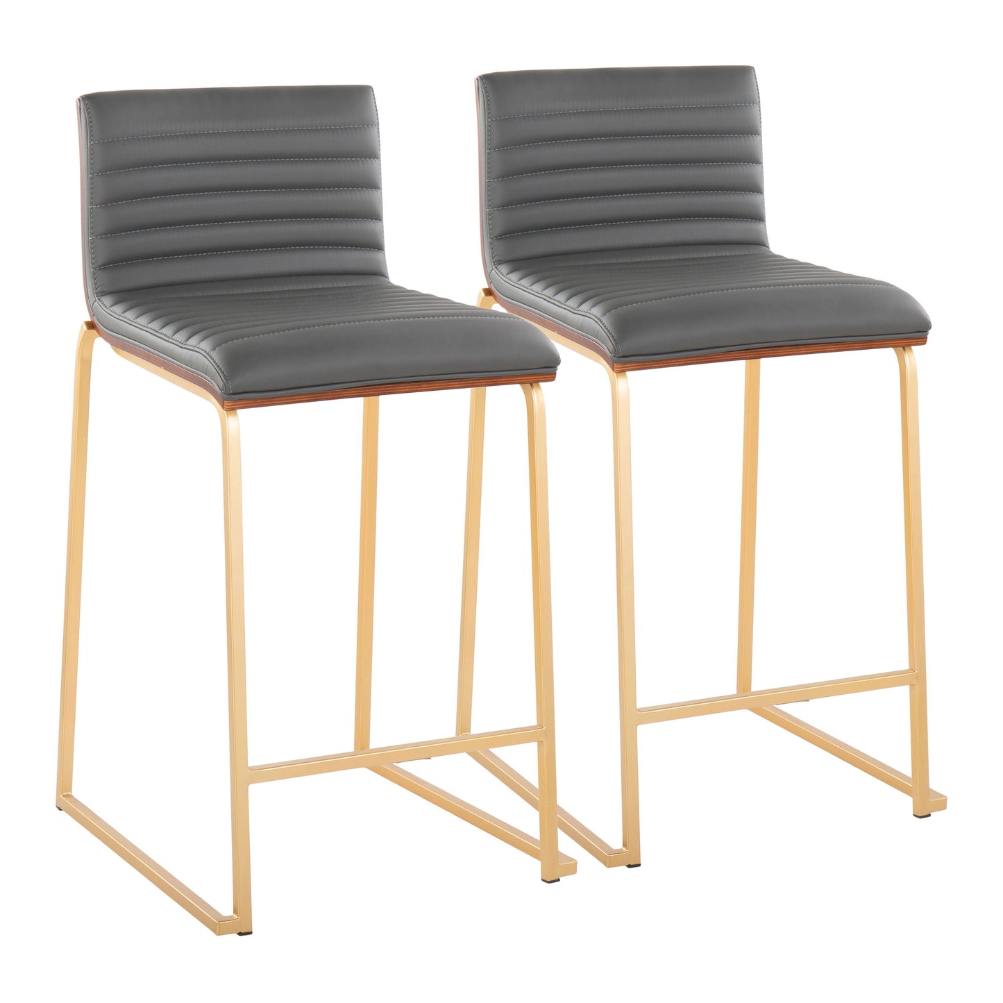 The Mason Mara set includes two contemporary counter stools featuring dark padded seats with horizontal stitching and sleek gold metal legs.