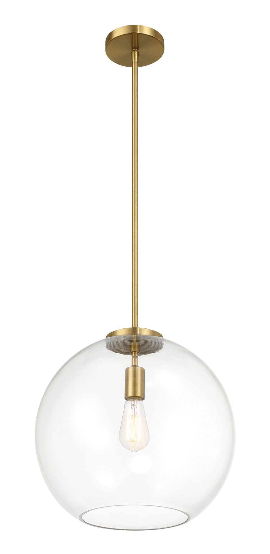 The Gleam Single Light Pendant Lamp hangs from the ceiling, showcasing an antique brass finish with a clear glass globe that encases a single exposed bulb for a minimalist and elegant design.