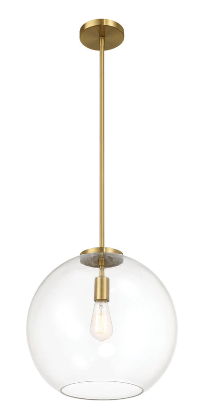 The Gleam Single Light Pendant Lamp hangs from the ceiling, showcasing an antique brass finish with a clear glass globe that encases a single exposed bulb for a minimalist and elegant design.