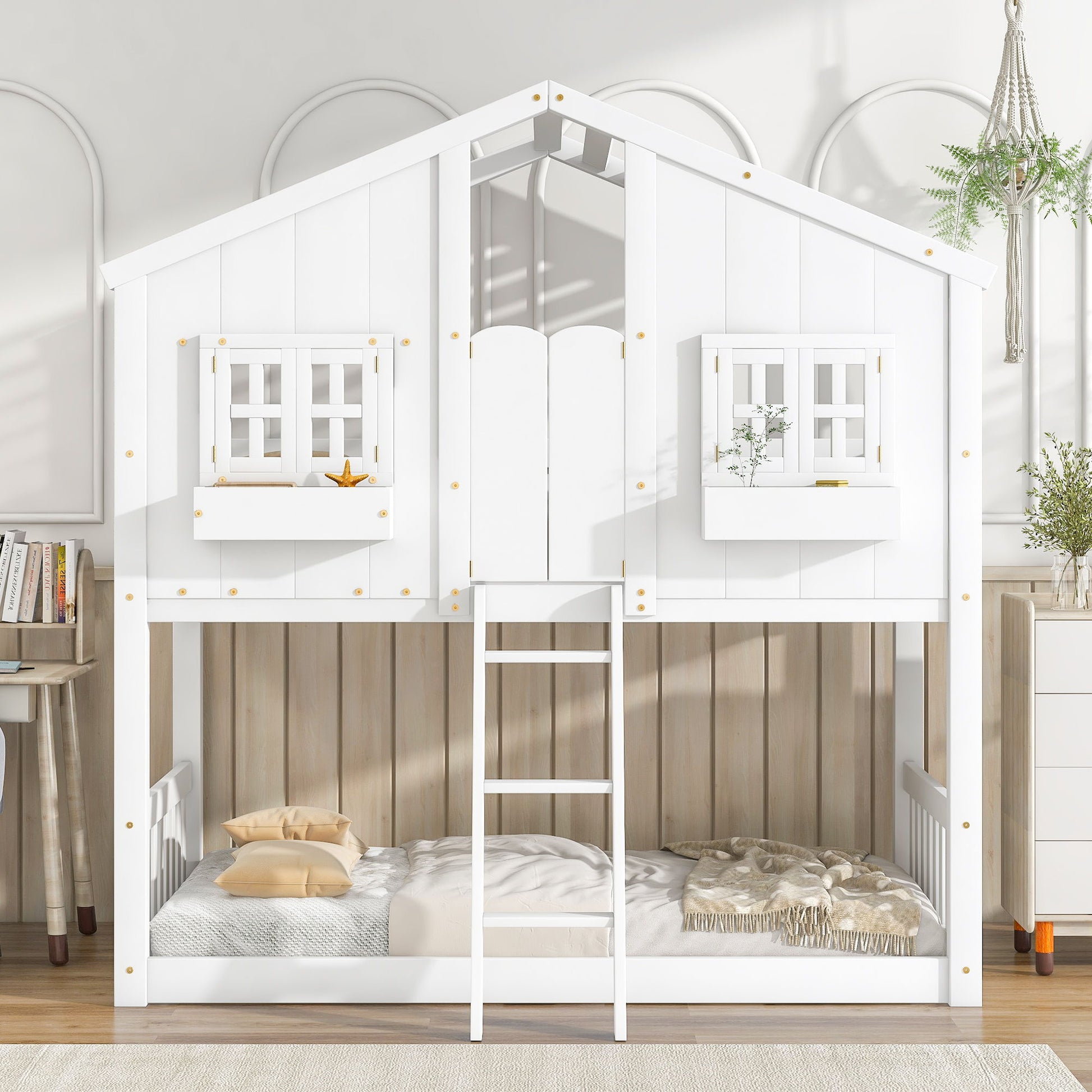 The House Bunk Bed With Roof, Window, Window Box, Door, Safety Guardrails, and Ladder is featured in a bright modern bedroom with light wood accents and minimalist decor.