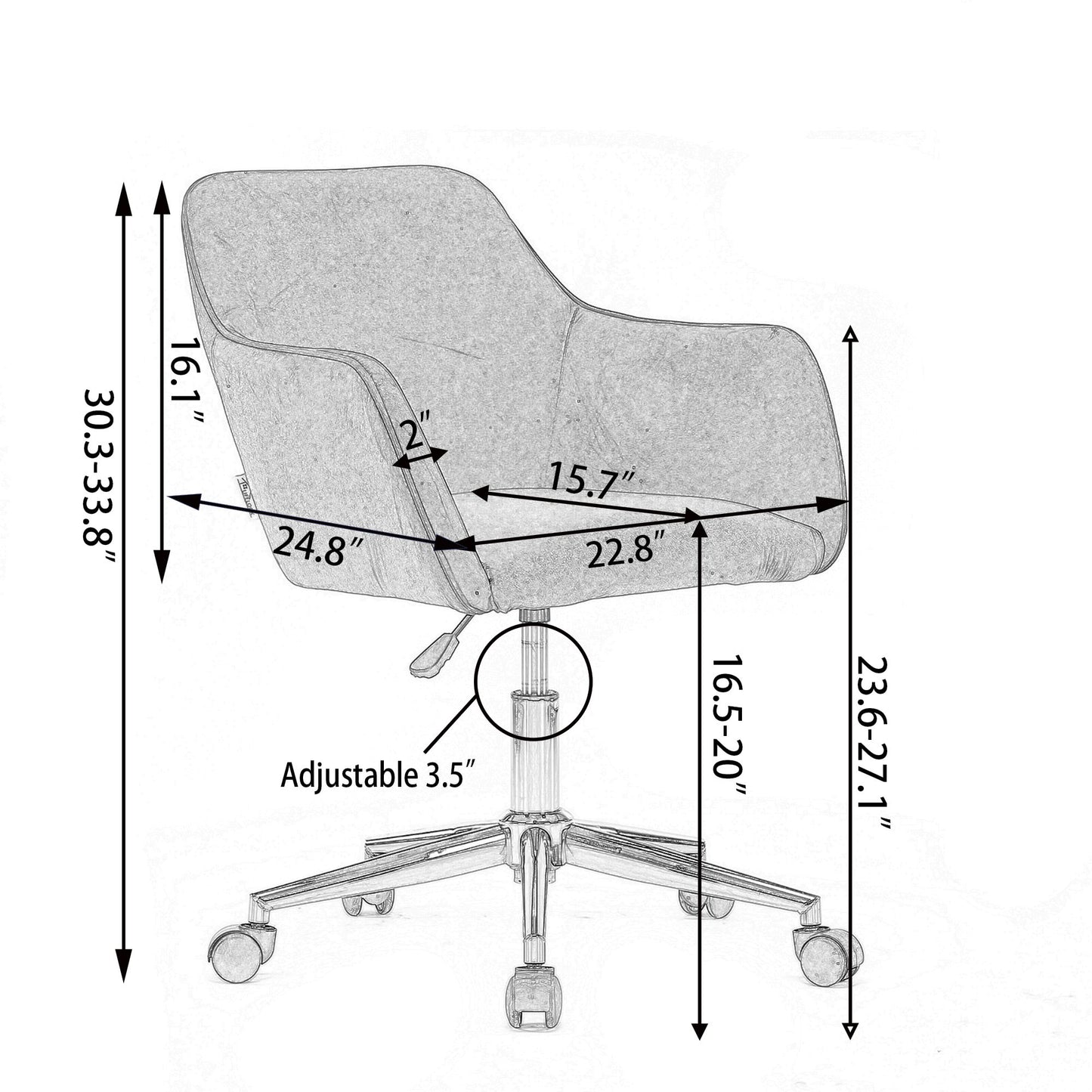 Black and white diagram of the Modern Adjustable Height 360 Revolving Home Office Chair with metal legs, universal wheels, and dimensions: 30.3–33.8"H, 24.8"D, 22.8"W, seat height 23.6–27.1", adjustable height 16.5–20", seat width 15.7", back height 16.1".