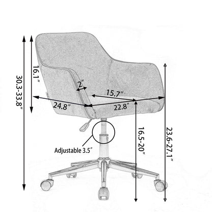 Black and white diagram of the Modern Adjustable Height 360 Revolving Home Office Chair with metal legs, universal wheels, and dimensions: 30.3–33.8"H, 24.8"D, 22.8"W, seat height 23.6–27.1", adjustable height 16.5–20", seat width 15.7", back height 16.1".