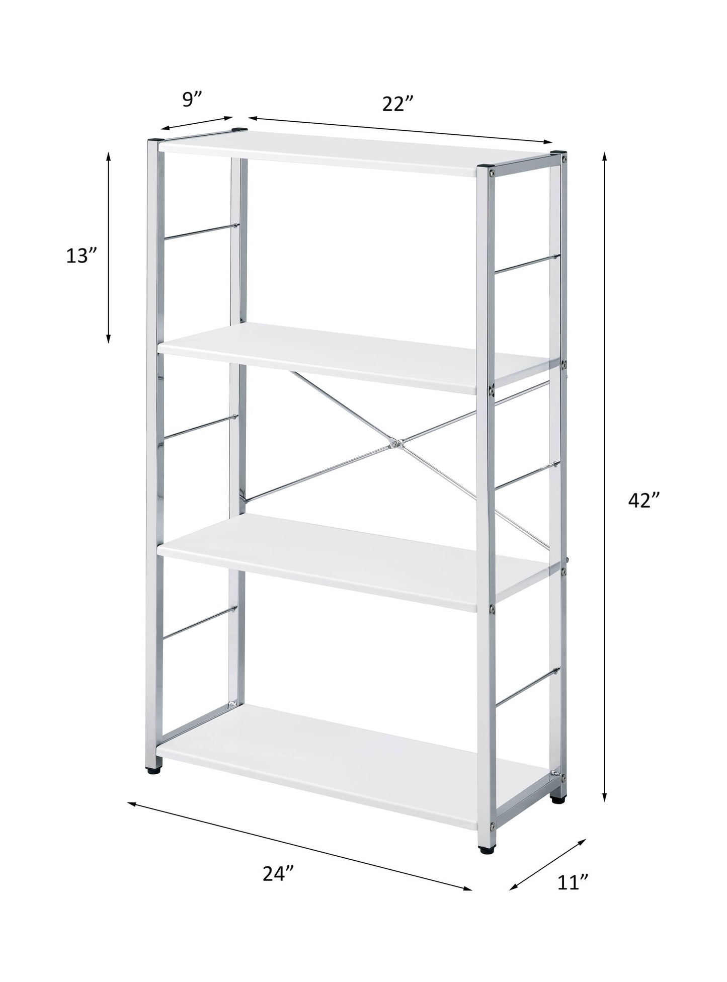 The Tennos - Bookshelf - White features a metal frame, four shelves (each 22"W x 9"D), overall size 42"H x 24"W x 11"D, with a 13" gap between the top and second shelf.