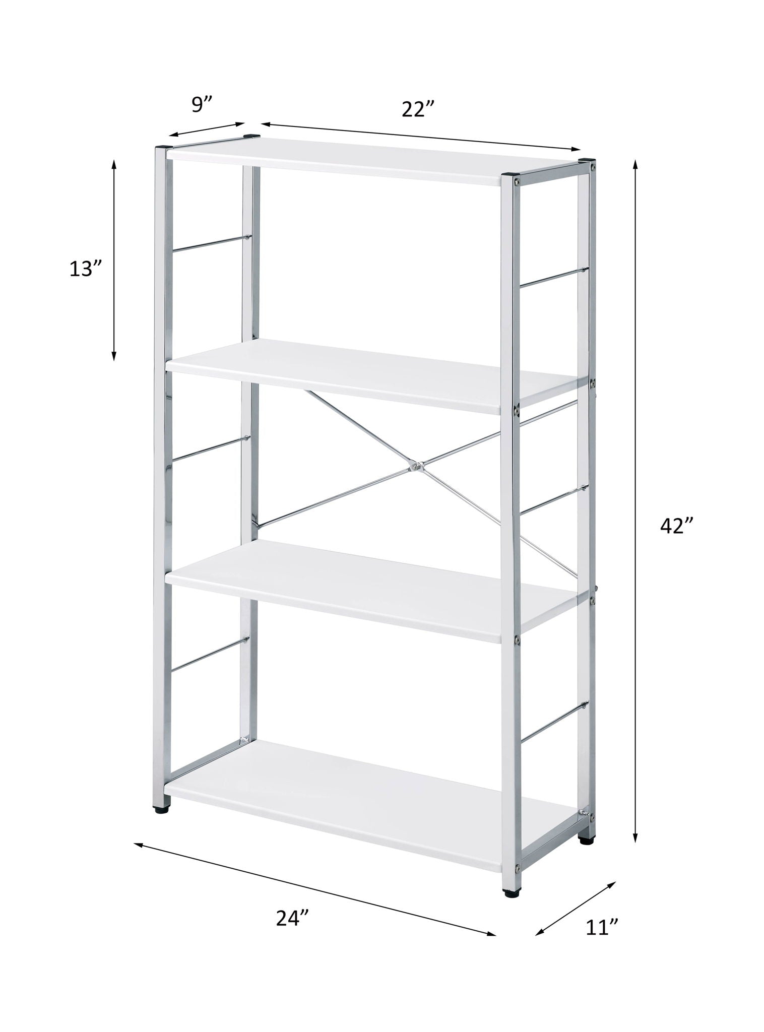 The Tennos - Bookshelf - White features a metal frame, four shelves (each 22"W x 9"D), overall size 42"H x 24"W x 11"D, with a 13" gap between the top and second shelf.
