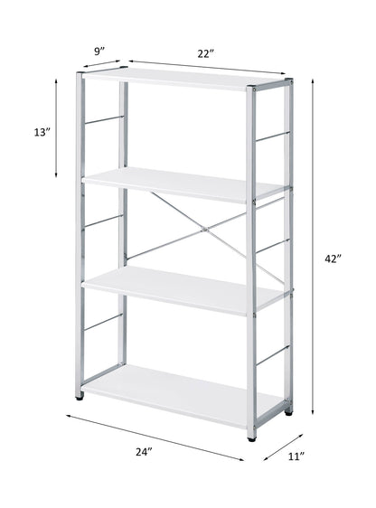 The Tennos - Bookshelf - White features a metal frame, four shelves (each 22"W x 9"D), overall size 42"H x 24"W x 11"D, with a 13" gap between the top and second shelf.