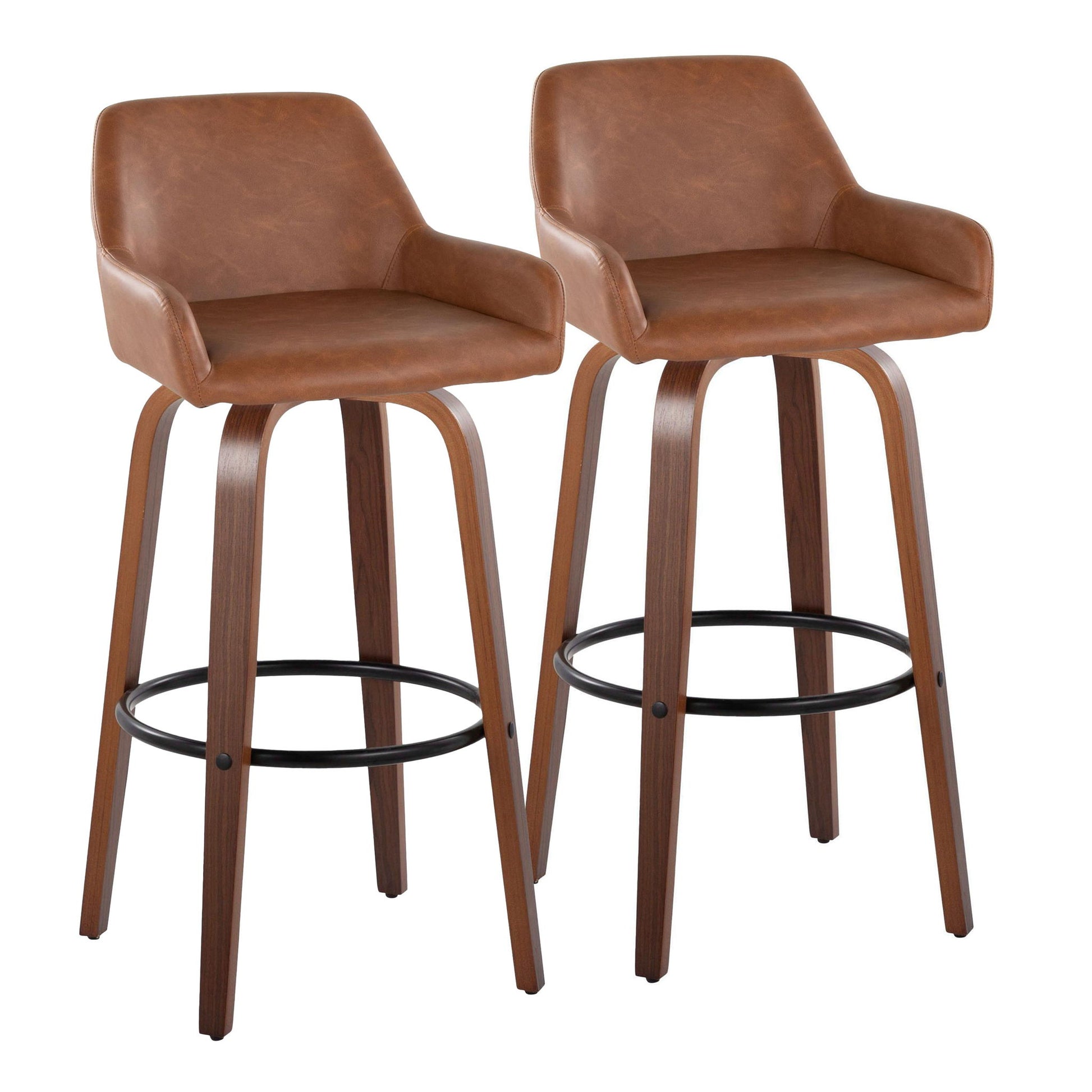 The Daniella set includes two contemporary fixed-height barstools with swivel seats, curved backs, armrests, wooden legs, and a round black footrest. Modern design; stools are placed side by side.