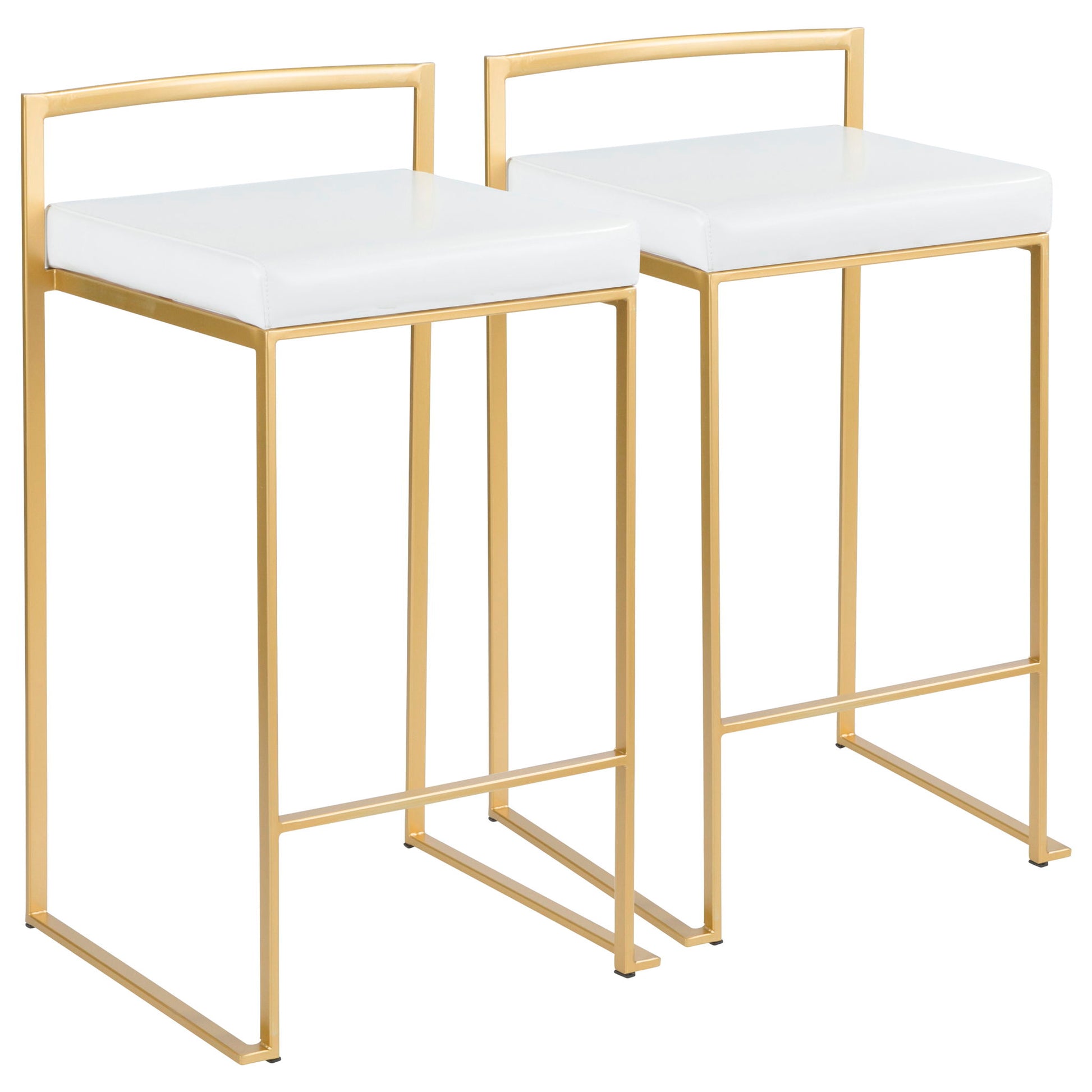 Set of 2 Fuji Counter Stools, featuring a contemporary/glam design with gold metal frames, white cushioned seats, minimalist straight lines, and rectangular backrests.