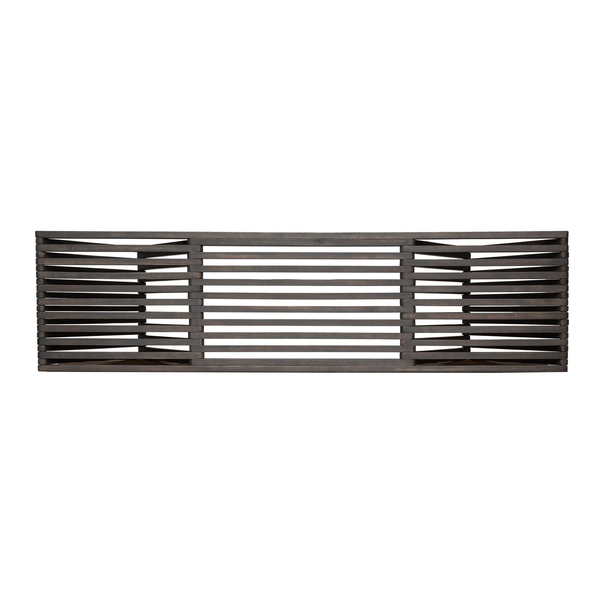The Gloaming Outdoor Bench features a dark gray, rectangular wooden design with evenly spaced slats and a distinctive triangular base, shown against a plain white background.