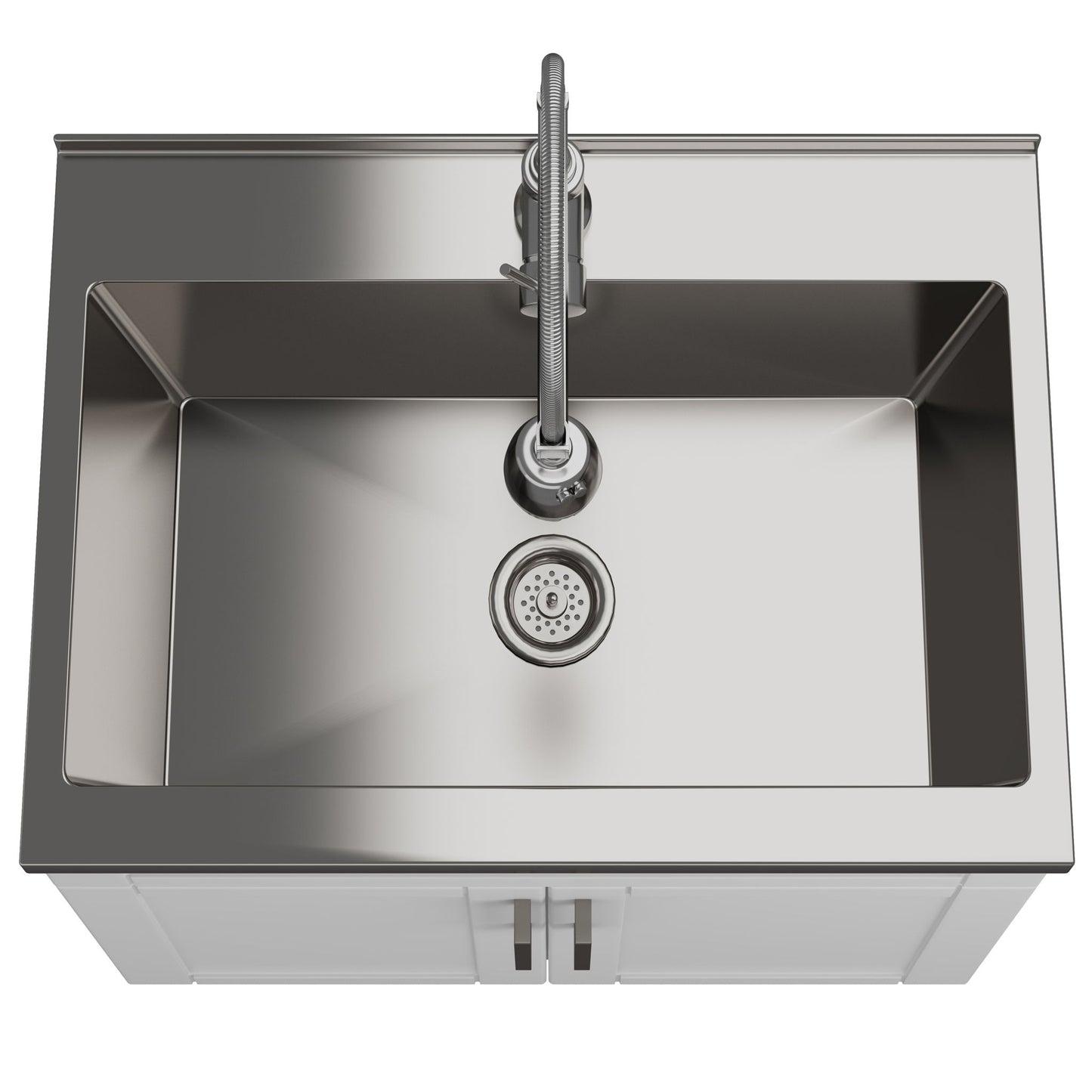 Top view of the Hennessy Deluxe Laundry Cabinet featuring a stainless steel single-basin sink, a central faucet, drain with strainer, and a white cabinet below.