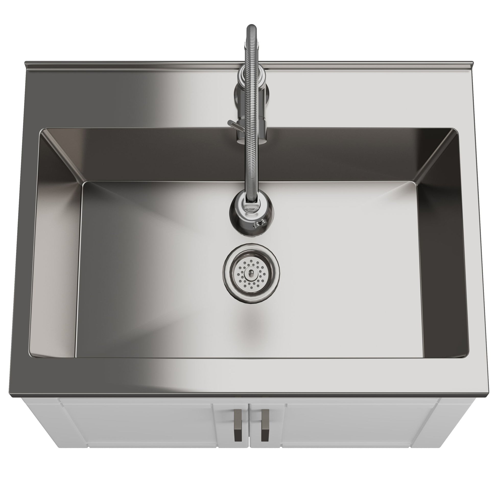 Top view of the Hennessy Deluxe Laundry Cabinet featuring a stainless steel single-basin sink, a central faucet, drain with strainer, and a white cabinet below.