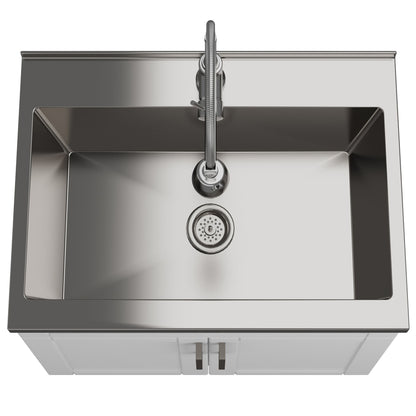 Top view of the Hennessy Deluxe Laundry Cabinet featuring a stainless steel single-basin sink, a central faucet, drain with strainer, and a white cabinet below.
