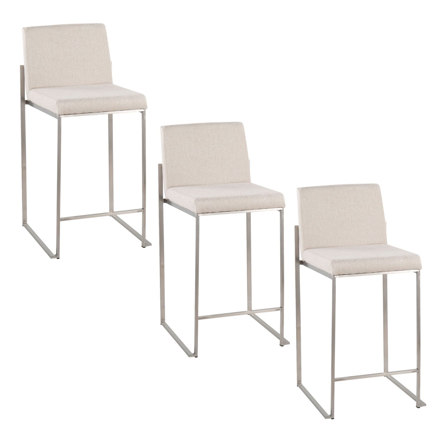 Three Fuji Contemporary High Back Counter Stools with beige upholstered seats, sleek metal legs, and footrests are arranged in a staggered formation against a white background.