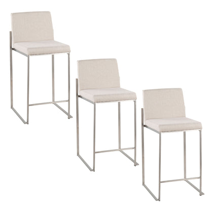 Three Fuji Contemporary High Back Counter Stools with beige upholstered seats, sleek metal legs, and footrests are arranged in a staggered formation against a white background.