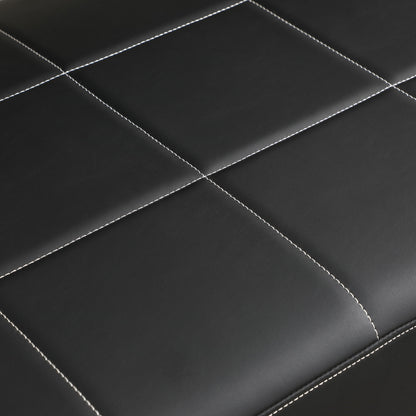 Close-up of the Modern Upholstery Accent Loveseat Sofa's black leather with white grid stitching, highlighting its elegant design and golden metal arms.
