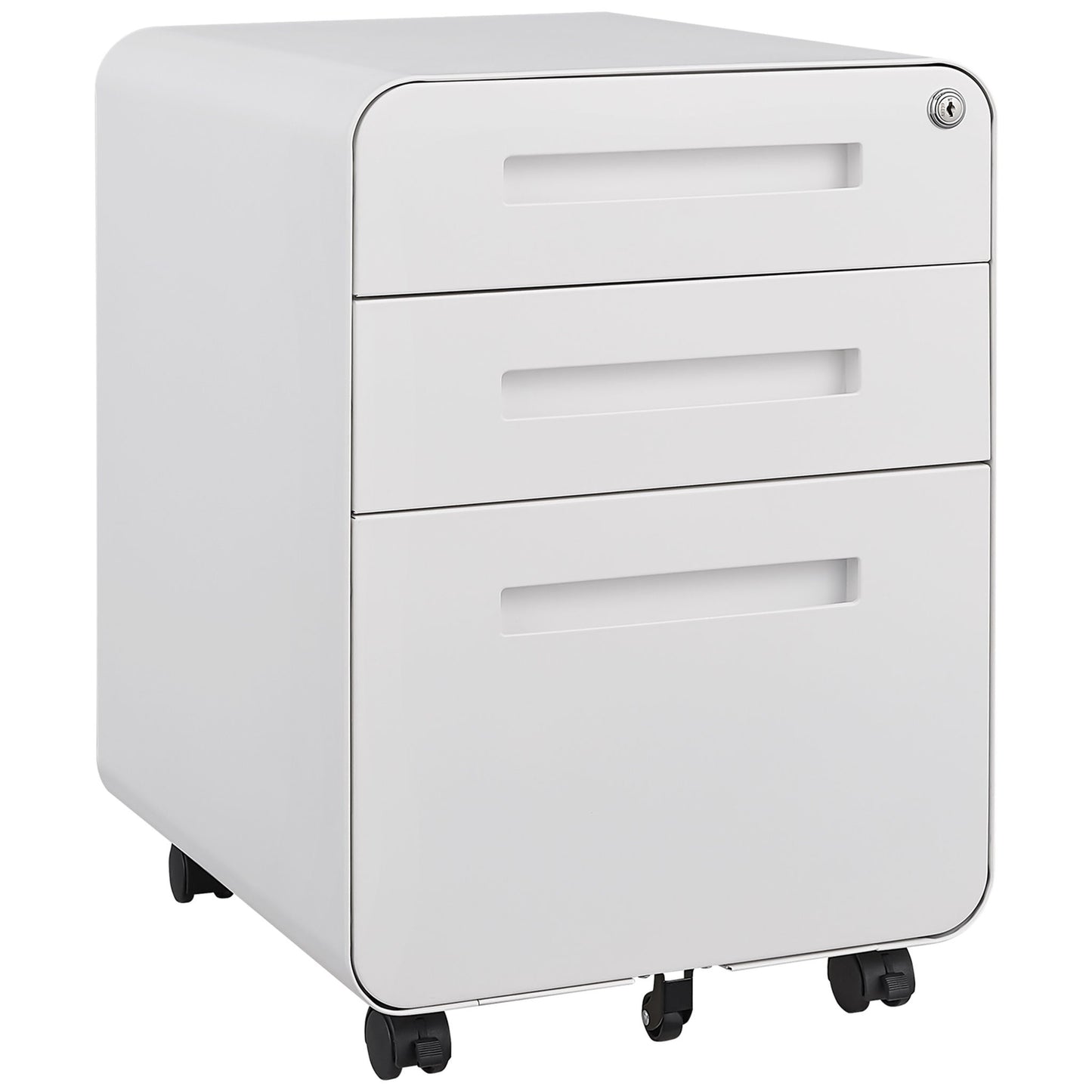 The 3 Drawer Mobile File Cabinet features a modern white design, rounded edges, lockable top drawer, and fits under desks. It offers versatile storage for Legal/Letter/A4 files with anti-tilting 5 wheels and durable waterproof cold rolled steel.