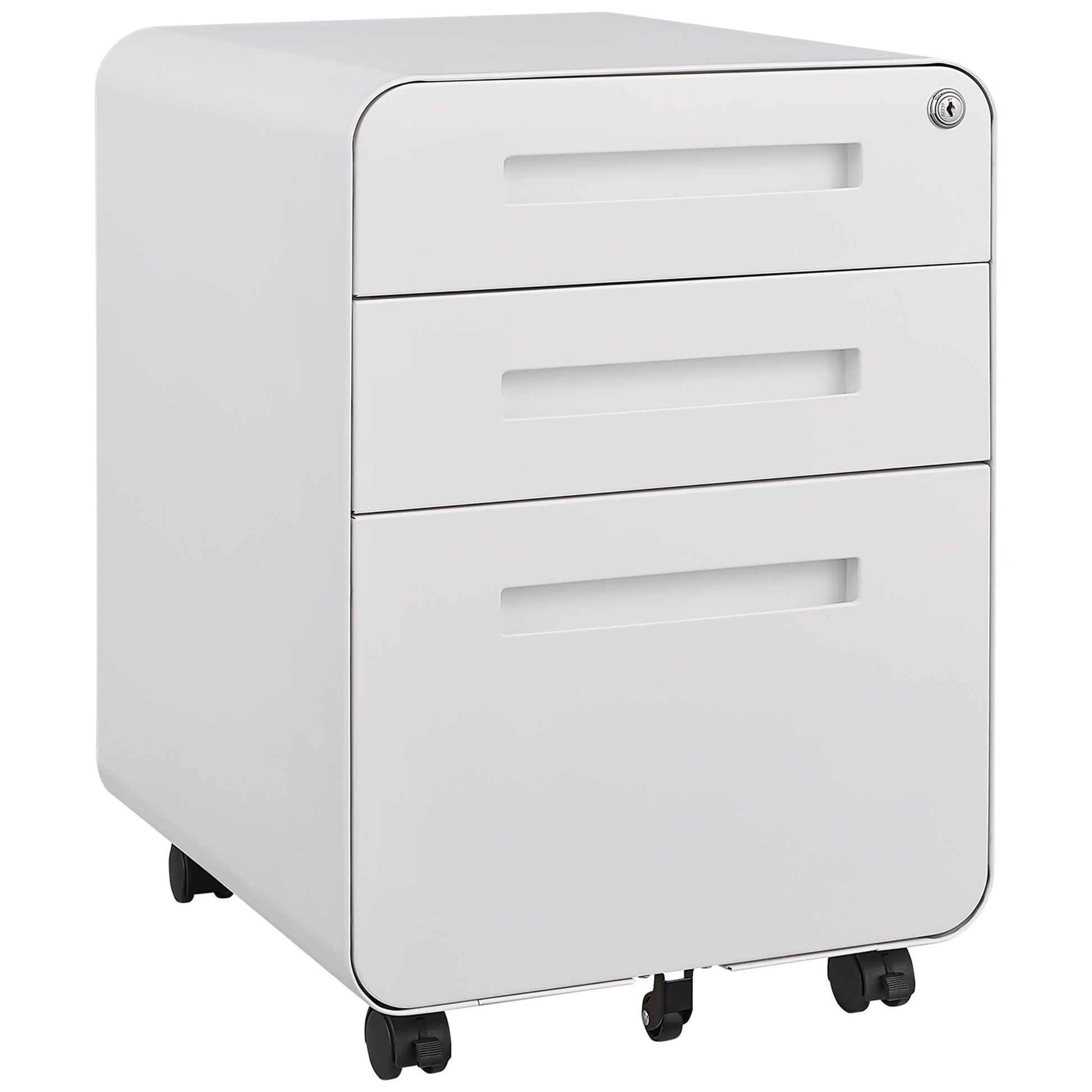 The 3 Drawer Mobile File Cabinet features a modern white design, rounded edges, lockable top drawer, and fits under desks. It offers versatile storage for Legal/Letter/A4 files with anti-tilting 5 wheels and durable waterproof cold rolled steel.