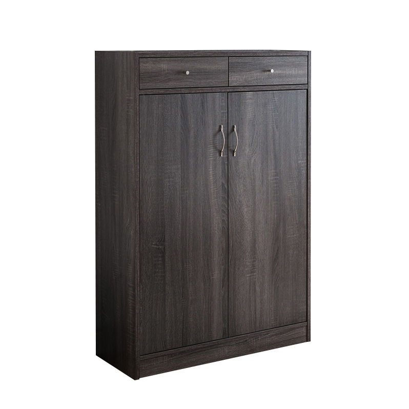 A dark wood Shoe Storage Cabinet with five shelves and two small top drawers, metal handles on the doors below, fits 15 pairs of shoes, and stands against a white background.