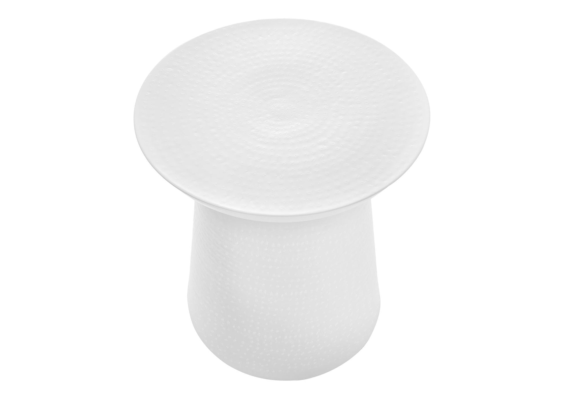 A white, round Drum Accent Side Table with a hammered texture and slightly flared base, viewed from above against a plain white background.