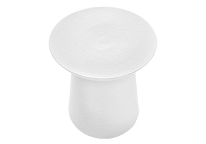 A white, round Drum Accent Side Table with a hammered texture and slightly flared base, viewed from above against a plain white background.