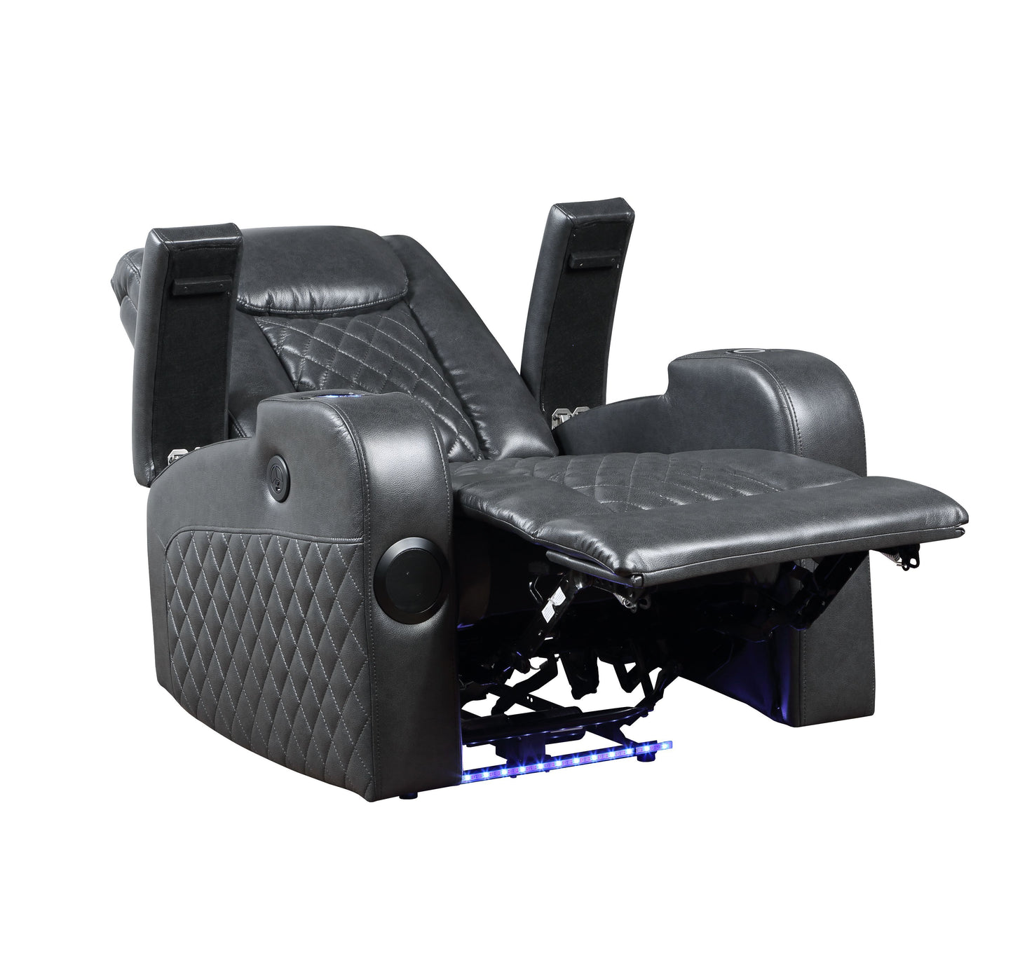 The Alair Leather Aire Power Motion Recliner in dark gray features quilted patterns, padded armrests, a cup holder, blue LED base lighting, and is in a partially reclined position. It includes Bluetooth and a wireless charger.