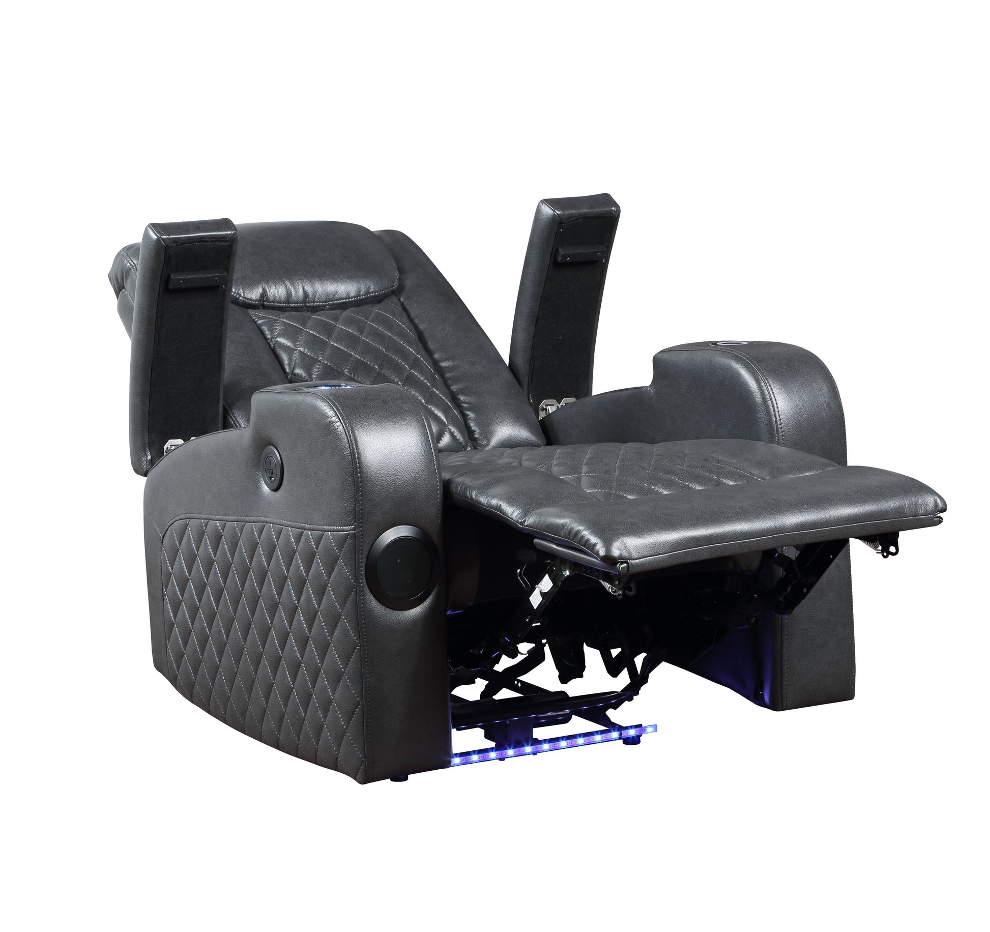 The Alair Leather Aire Power Motion Recliner in dark gray features quilted patterns, padded armrests, a cup holder, blue LED base lighting, and is in a partially reclined position. It includes Bluetooth and a wireless charger.