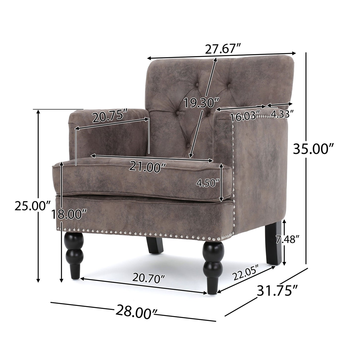 The Vitality Club Chair features brown upholstery, button tufted diamond stitching, turned legs, and dimensions: 35" height, 28" width, 31.75" depth, seat height 18", seat depth 20.7", arm height 25", plus other measurements shown.