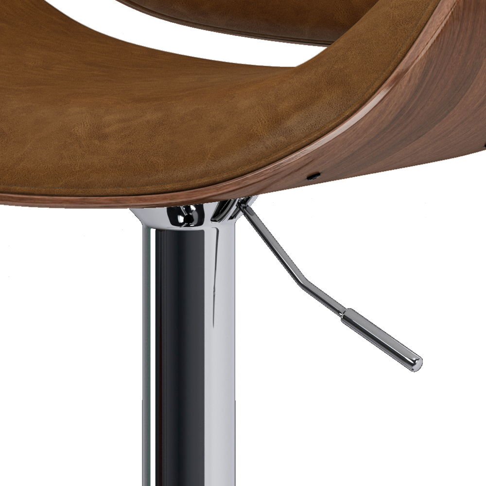 Close-up of the Marana Multifunctional Handcrafted Bentwood Adjustable Swivel Bar Stool, featuring a brown cushioned seat, wooden accents, chrome base, and visible height adjustment lever.