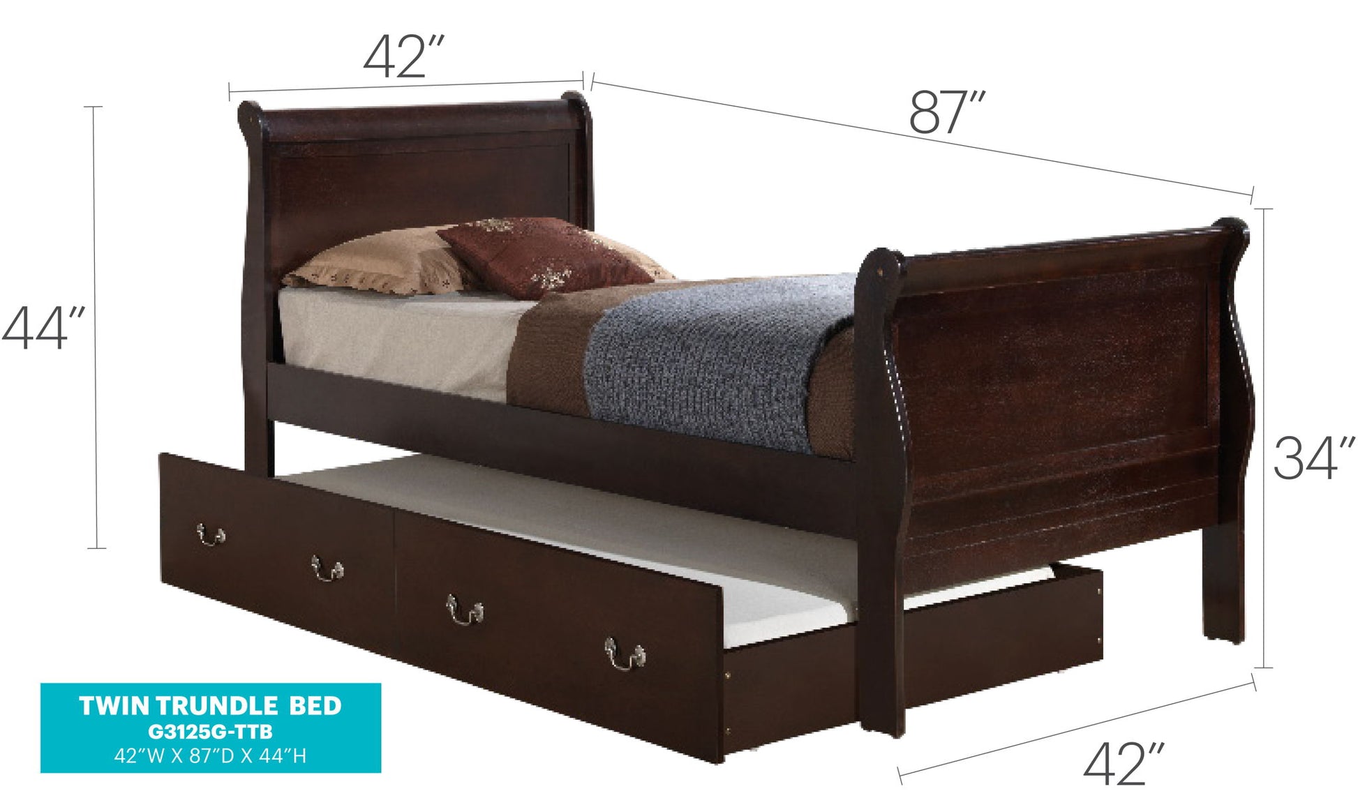 The Elegant Trundle Bed With Timeless Charm is a dark wood twin bed featuring two drawers below, displayed with bedding and pillows. Dimensions: 42" wide, 87" long, 44" high at the headboard, and 34" high at the footboard.