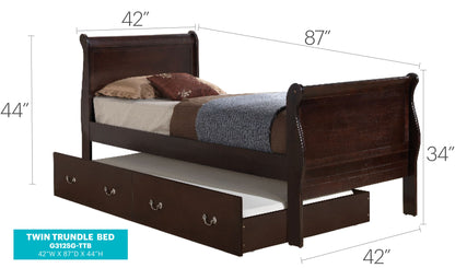 The Elegant Trundle Bed With Timeless Charm is a dark wood twin bed featuring two drawers below, displayed with bedding and pillows. Dimensions: 42" wide, 87" long, 44" high at the headboard, and 34" high at the footboard.