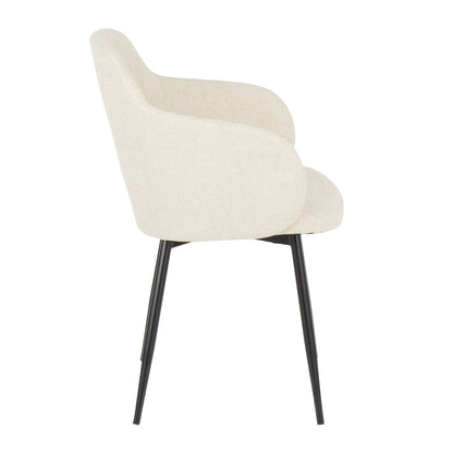 Side view of the Boyne - Industrial Chair featuring a curved, upholstered beige seat and backrest with four slender black metal legs, displayed against a white background.