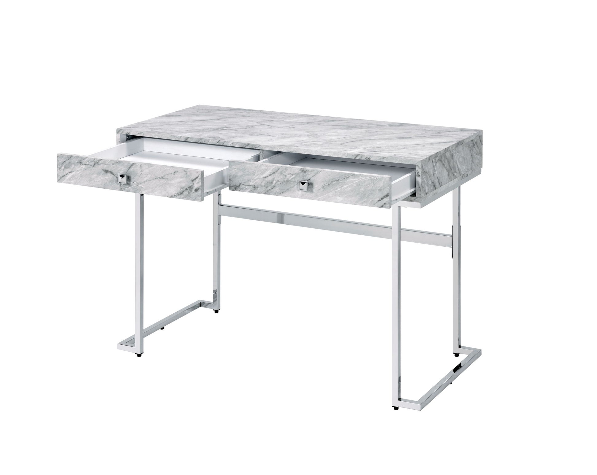 The Tigress Printed Faux Marble Top Writing Desk in white features a marble-patterned surface, two open drawers, and a minimalist white metal frame.