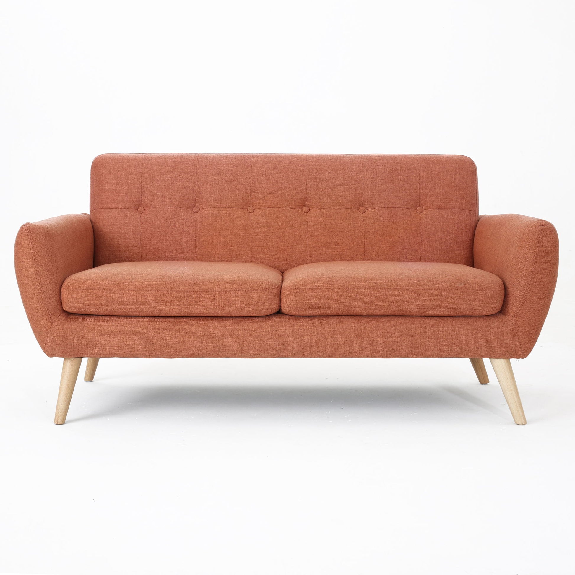 The Modern Loveseat Sofa With Button Tufted Backrest features orange upholstery, two seat cushions, button-tufted backrest, and angled wooden legs, displayed against a plain white background.
