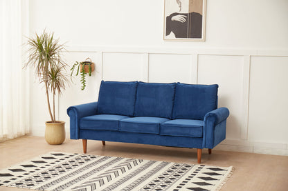 A modern living room with the Graceful Design Plush Comfort Sofa in blue velvet, a black and white geometric rug, potted and hanging plants, and a framed minimalist portrait on a white wall.