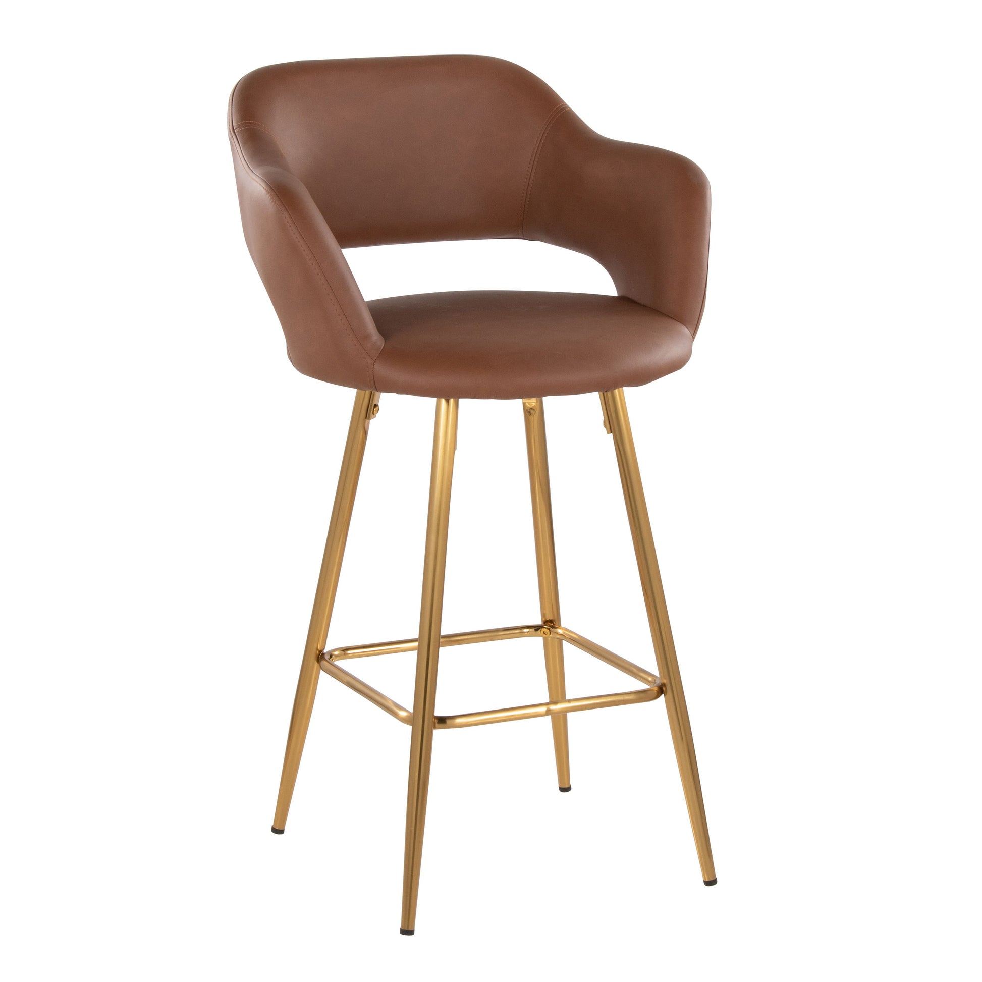 The Margarite set of 2 features contemporary fixed-height counter stools with footrests, showcasing brown leather seats with curved backrests and armrests, supported by four slender gold legs.