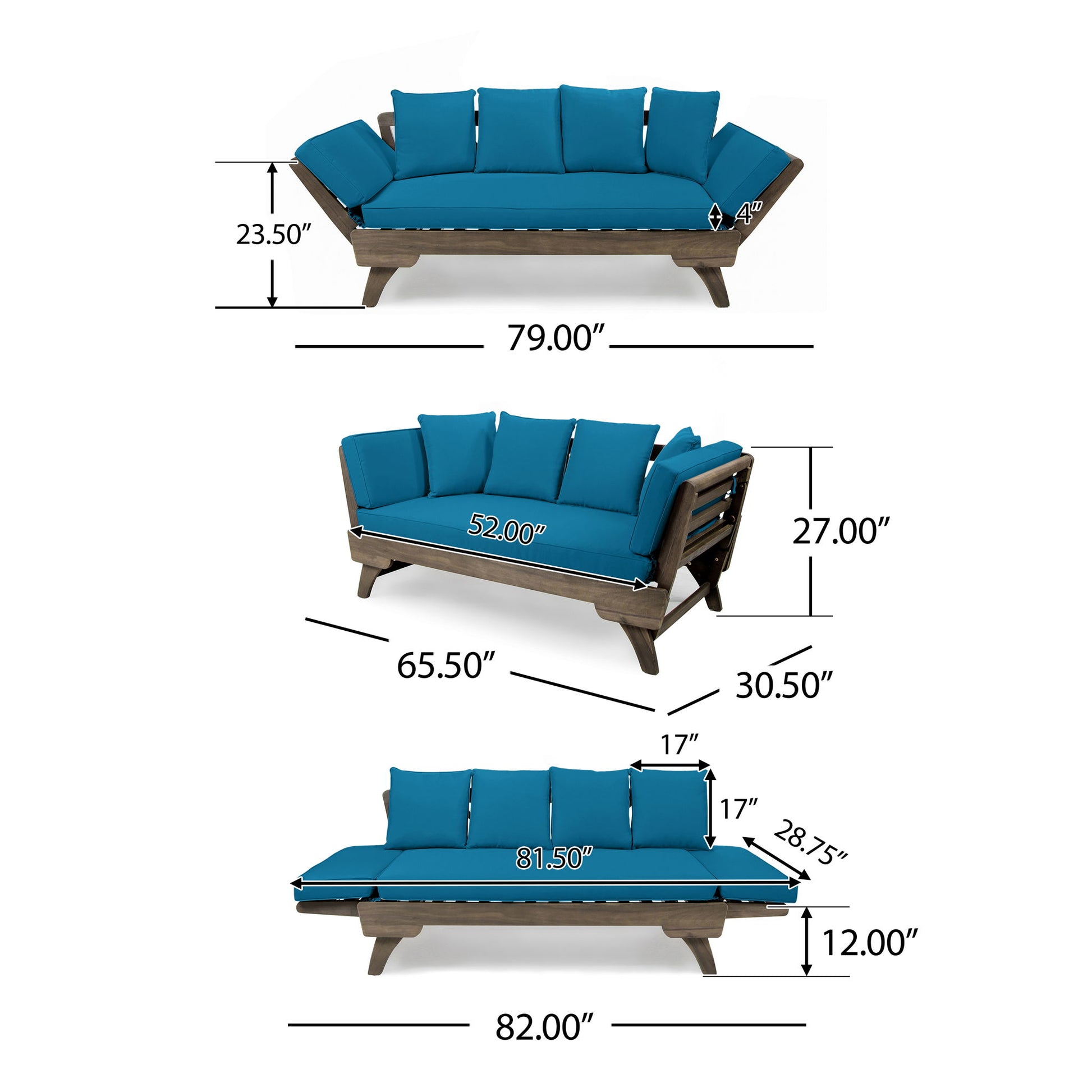 Three views of the Ottavio Convertible Sofa Daybed with water resistant cushions: 79"W x 23.5"H x 34"D upright, 65.5"W x 27"H x 30.5"D reclined, and 82"W x 28.75"H x 12"D fully flat.