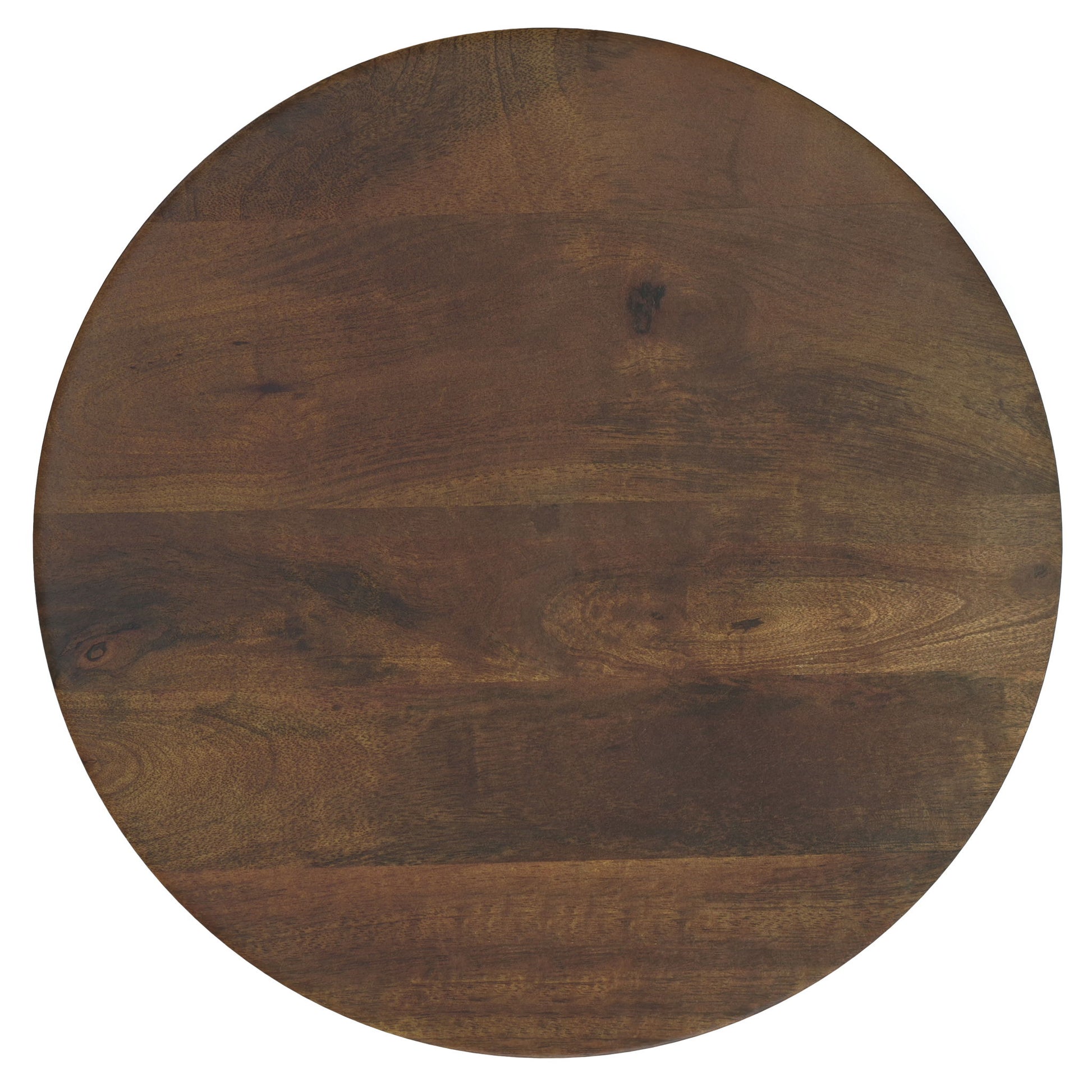 The Robbie Handcrafted Accent Table features a circular wooden tabletop in a dark brown finish with striking natural wood grain patterns.